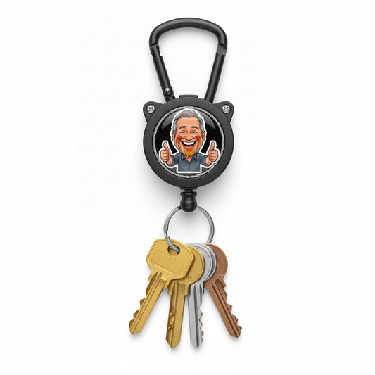Steve's Keys retractable keychain with caricature sticker and modern keys