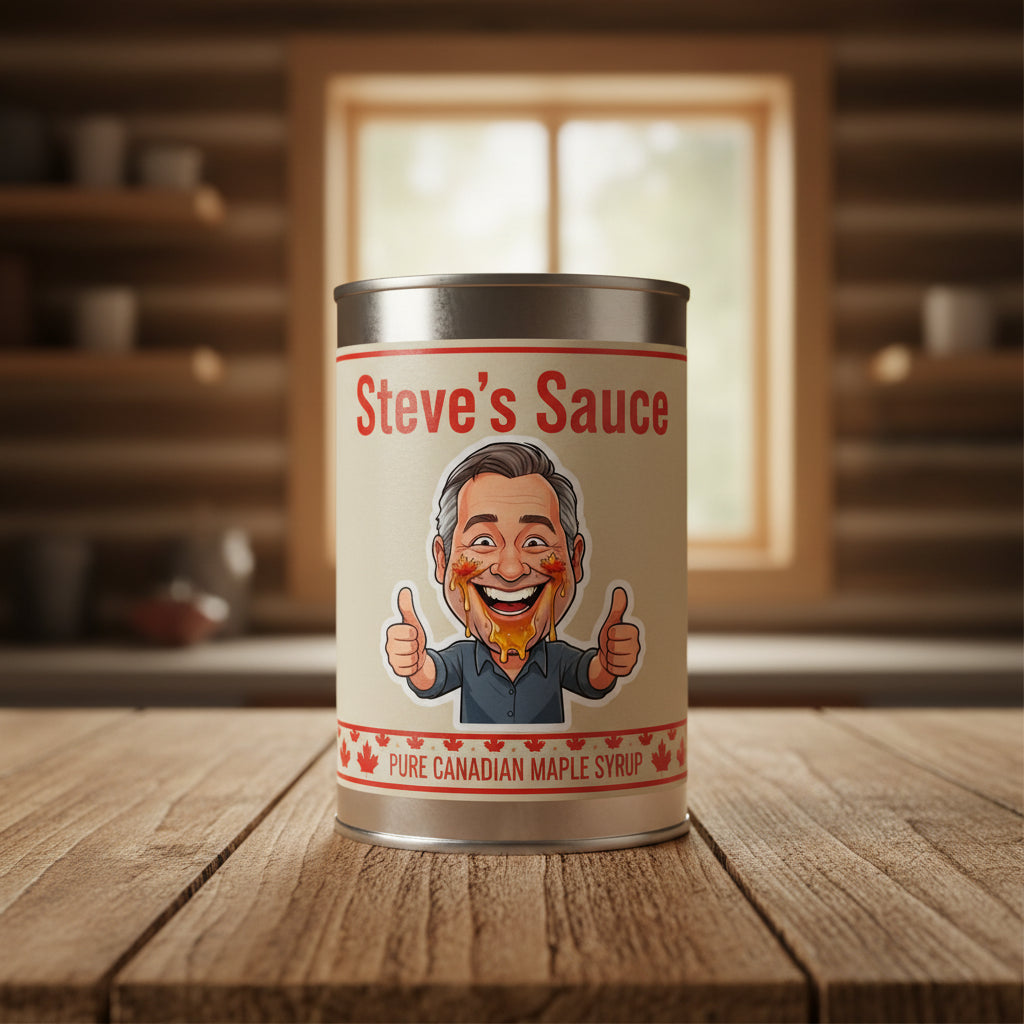Steve's Sauce Caricature Sticker on Maple Syrup Can